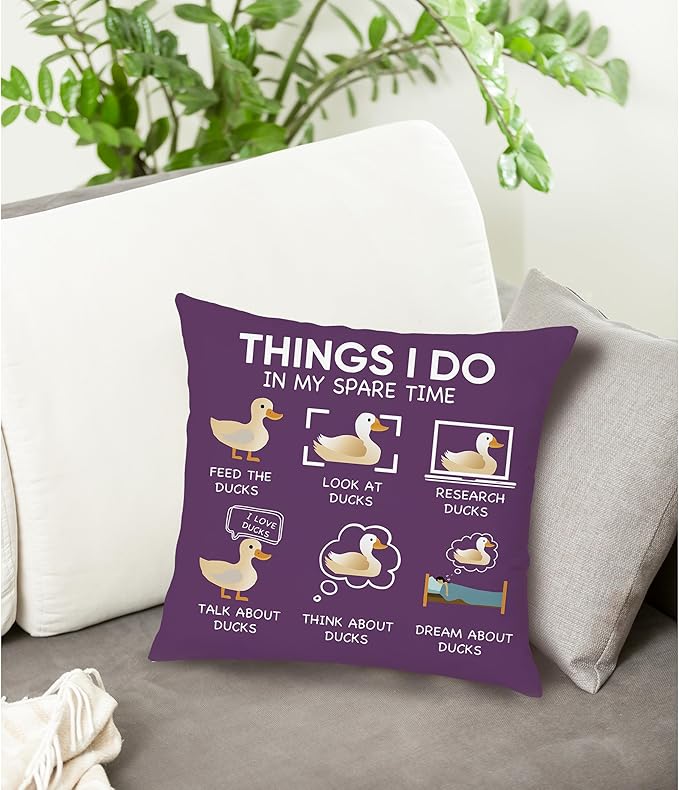 Funny Duck Throw Pillow Covers - 18 x 18, Things I Do in My Spare Time Decorative Pillow Covers, Gifts for Women, Purple Duck Decor