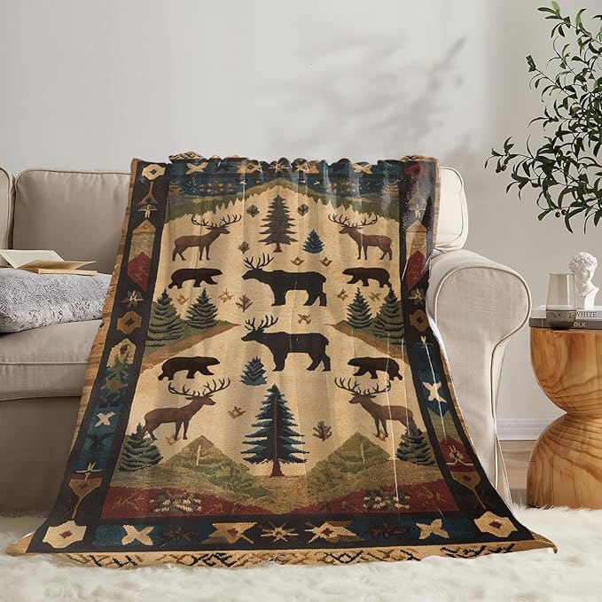 Dynova Cabin Throw Blanket Cozy Plush Retro Rustic Lodge Throw Blankets Bear Deer Decor Fuzzy Flannel Fleece for Girls Boys Women Men 60"X50"