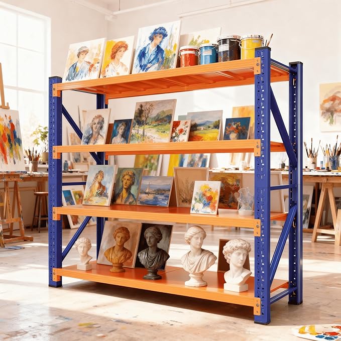 4-Tier Storage Shelves,79" H Heavy-Duty Garage Shelving Unit,Adjustable Metal Industrial Shelf System,3,500lbs Capacity,Tool Organizer for Garage,Workshop,48" W x 20" D x 79" H,Blue&Orange