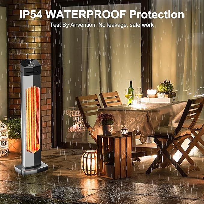 AKIRES 37IN Outdoor Electric Patio Heater,Portable Infrared Heaters With Remote,IP54 Waterproof Tower Space Heater,12H Timer,Large Room Heater for Garage Backyard Porch Balcony Shop Patio,Silver
