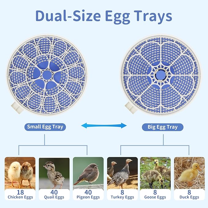 18 Egg Incubator, Hatch Day and Humidity Display, Automatic Turning and Stop, 2 Size Egg Trays, Candling Light, Automatic Water Refill, Air Vent, Hatching Chicken Quail Duck Turkey Goose Birds