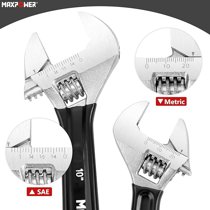 MAXPOWER Adjustable Wrench Set, 3-Piece Adjustable Wrenches 6-inch, 8-inch, 10-inch, Metric & SAE Scales, Extra-Wide Jaw and Soft Grip Wrench Set