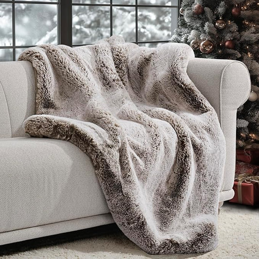 EVERGRACEHOME Luxury Soft Faux Chinchilla Fur Throw Blanket for Couch, Warm Thick Heavy Winter Throw Blanket 1220GSM for Bed, Fluffy Cozy Mink Blanket with Reversible Velvet, Champagne Fawn, 60"x80"