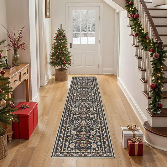Runner Rug for Hallways Kitchen: 2x8 Washable Area Rug Boho Floral Soft Long Rug - Non-Slip Low Pile Throw Indoor Carpet for Entryway Kitchen Bedroom Laundry Bathroom - Black Grey