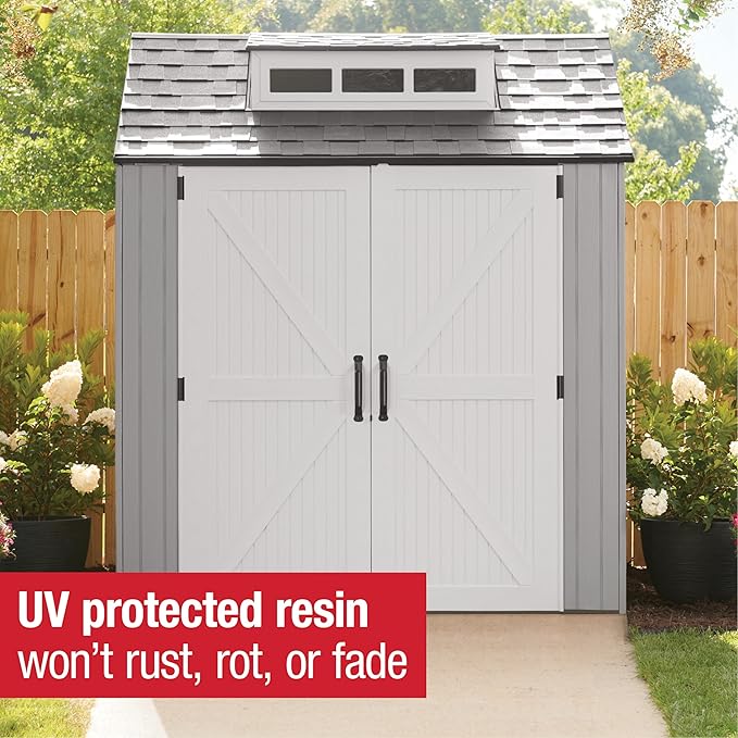 Rubbermaid Resin Outdoor Storage Shed With Floor (7 x 7 Ft) Weather Resistant Gray Organization for Home/Backyard/Garden Tools/Lawn Mower/Bike Storage/Pool Supplies