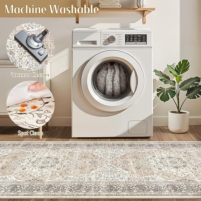 Washable Rug 3x8 Hallway Runner Rug-for Entryway Bedroom Kitchen Room Corridor Decor -Stain & Fade Resistant Non Slip Backing Carpet,Ultra-Thin Vintage Long Carpets(Camel/Beige)