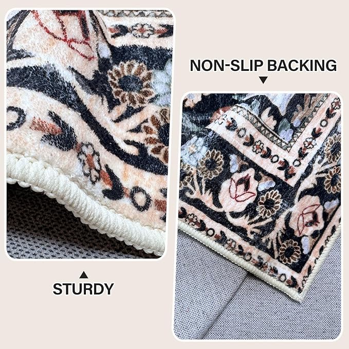 Vhong Boho Area Rugs Vintage Washable Modern Neutral Carpet Black and Brown 9×9 High Traffic Round Rugs for Dinning Room Living Room Bedroom Farmhouse Non Slip