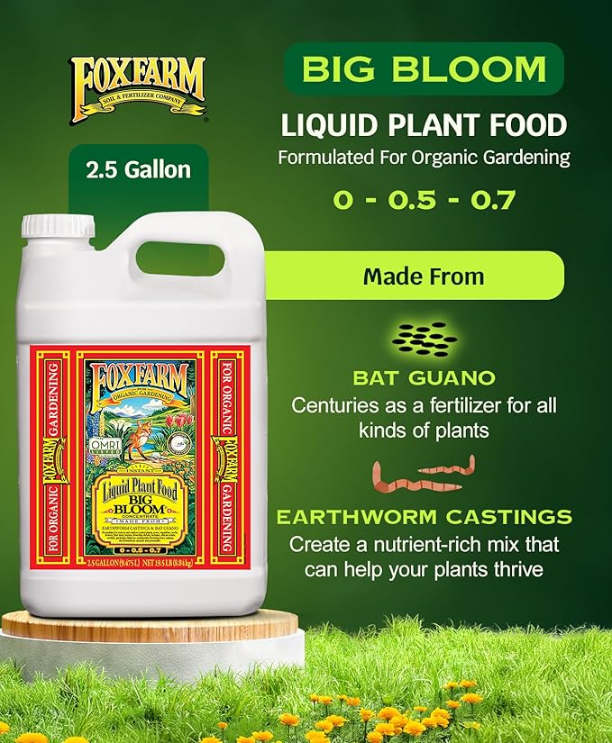 FoxFarm - Big Bloom Plant Food, Liquid Fertilizer Concentrate for Flowers, Fruits, and Vegetables, All Purpose Plant Fertilizer for Indoor & Outdoor Potted Plants, NPK 0-0.5-0.7 (2.5 Gallon)