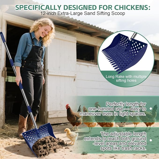 US Patent Pending 12-Inch 2-in-1 Chicken Poop Scooper & Rake,3-Shape Sifting Holes Chicken Coop Rake，Stainless Steel Handle （20–61"）– Litter Scooper & Sand Sifting Shovel for Chicken Coops（Blue）