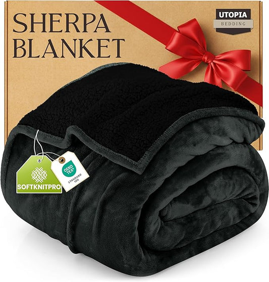 Utopia Bedding Sherpa Blanket Queen Size (Black, 90x90 Inches) - Soft Lightweight Plush Fleece Reversible Blanket for Bed, Sofa, Couch, Camping and Travel