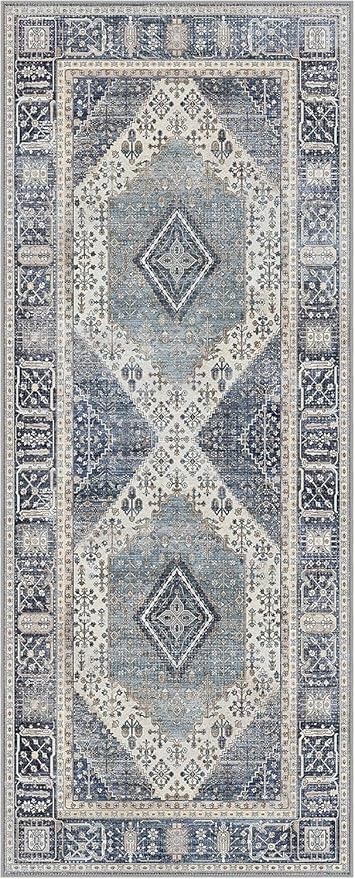 GENIMO 2x10 Runner Rugs for Hallway, Machine Washable Non Slip Vintage Rugs, Low Pile Lightweight Soft Print Rug for enrtyway, Corridor, Home Office, Kitchen,Navy/Cream