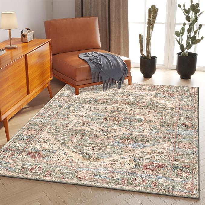 Area Rug 5x7 Living Room,Machine Washable Rugs,Stain Resistant Soft Thin Non-Slip Floral Carpet,Green Boho Vintage Home Decor,for Indoor Bedroom,Office,Farmhouse,Dining,Dorm