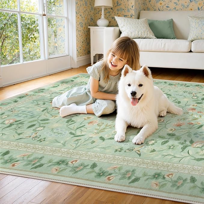 Lahome Floral 5x7 Washable Rug, Non Slip Soft Rug for Kids Room Nursery Ultra-Thin Green Carpet Bedroom, Vintage Botanical Print Carpet for Playroom Classroom Living Room Kitchen, Sage
