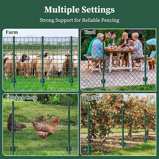 10 Pack Metal Fence Posts, 5ft Heavy Duty U-Post, Green Garden Stakes, No-Dig Post Anchors for Wire Fences, Temporary Fencing, Electric Fence, and Corner Support