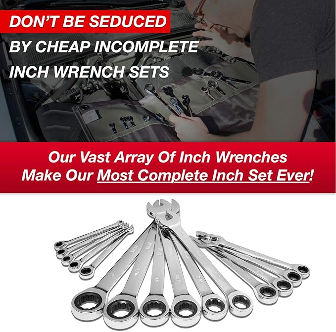 Jaeger 15pc 90-Tooth Ratcheting Wrenches MASTER SET - Our LARGEST SAE With Wrench Rack Organizer - Our standard in safety for combination wrench sets from gear to tip