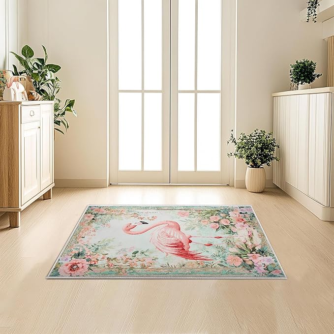 2x3 Flamingo Area Rugs Boho Floral Tropical Rug for Bathroom Kitchen Entryway Indoor Soft Non-Slip Thin Hippie Carpet Small Flower Doormat for Office Dining Room Under Table Washable Machine