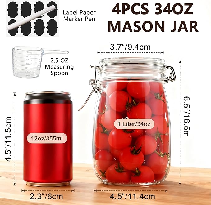 6PCS Glass Jars with Airtight Lid, 34 OZ Mason Jars Wide Mouth, Glass Pickling Jars for Canning & Fermenting, Mason Storage Container for Coffee, Flour, Sugar, Pasta