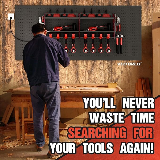 Veitorld Power Tool Organizer with Charging Station - 4 Drill Holders - Heavy Duty Modular Wall Mount Rack for Garage, Tool Storage Organizer - Christmas Birthday Gifts for Men Dad Him Husband