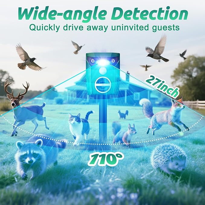 2 Pack Solar-Powered Ultrasonic Animal Repellent Outdoor, Deer Repellent Devices with Motion Sensor, Waterproof Deer, Cat, Raccoon, Coyote, Rabbit Deterrent for Yard, Garden, Farm