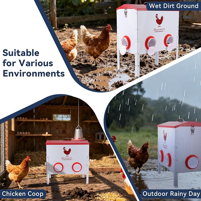 40 lb Large Automatic Chicken Feeder - 6 Feeding Ports, Anti-Waste Design,Height-Adjustable & Secure Locking Lid, Outdoor Rustproof Metal Chicken Feeder Feed Box for Poultry & Backyard