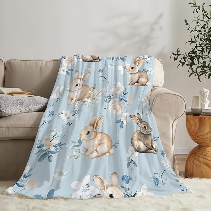 Rabbit Blanket Blue Rabbits Flower Throw Blanket Soft Warm Cozy Fuzzy Plush Gifts for Girls Women Lightweight Fleece Flannel Stuff Gift for Kids Adults 60"X50"
