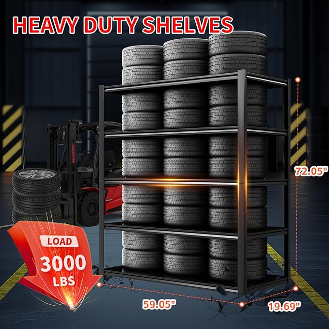 59.1" W x 19.7" D Garage Shelving, 3000LBS Heavy Duty Metal Shelves, Adjustable Storage Shelf, 5 Tier Utility Shelf, Industrial Shelving Units Storage Racks, Garage Organization