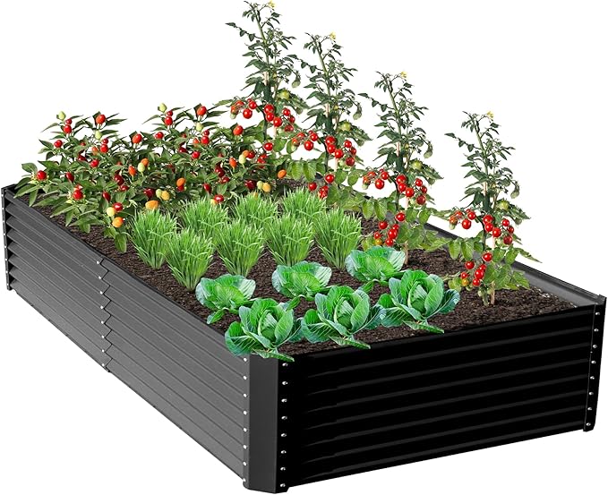 Domi 8x4x2ft Metal Raised Garden Beds Outdoor, Thickened Galvanized Steel Deep Root Planter Box with Stabilizing Bars & Rubber Edging for Vegetables, Flowers, Herbs - Dark Gray