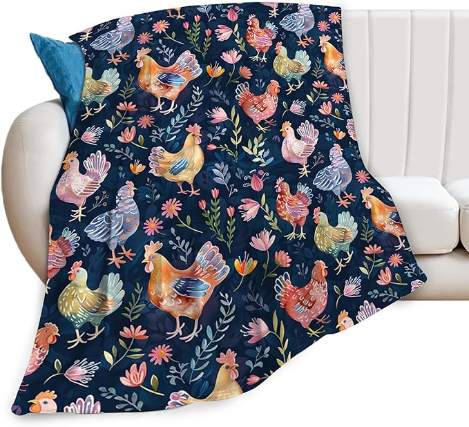 Chicken Blanket Gifts for Girls Boys Lovers Soft Warm Plush Chicken Floral Throw Blanket Flannel Fleece Fuzzy Hen Stuff Blanket for Bed Couch Living Room Decor 60"X50"