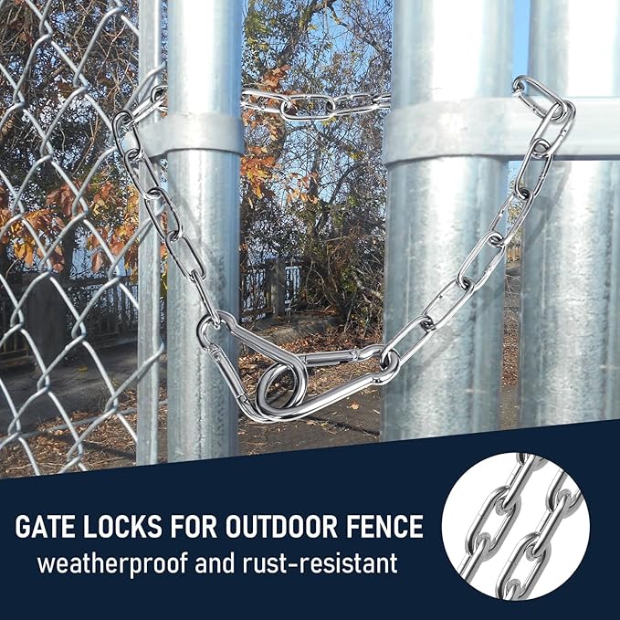Gate Chain Lock with 20 Inch (4mm) Stainless Steel Gate Link Chain Lock with Carabiners Chain Link Gate Latches for Outdoor Fences, Pet Cages, Dog Horse Goat Cow Corral Supplies