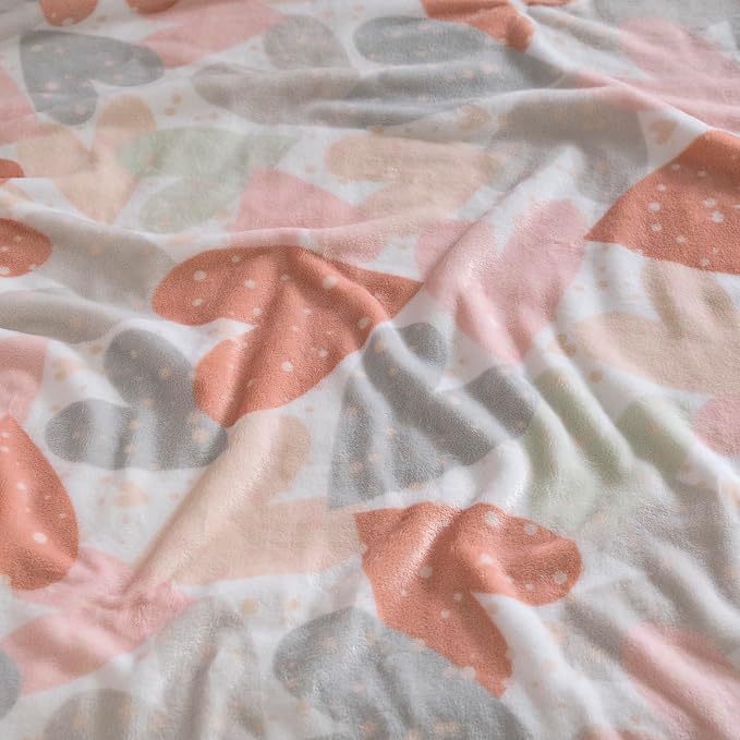 Vianney Love Queen Size Lightweight Fleece Blanket in Pink, Coral, and Grey Hearts