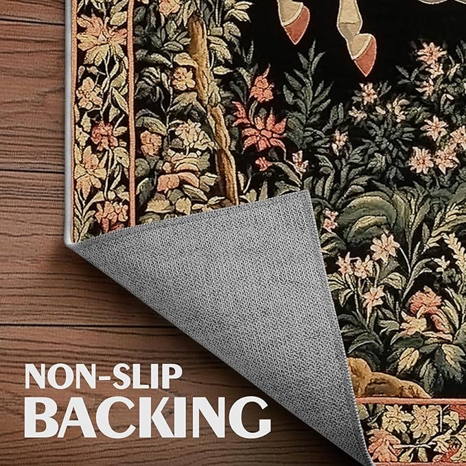 8x10 Unicorn Area Rugs Boho Floral Botanical Rug for Living Room Indoor Soft Non-Slip Thin Vintage Large Carpet Black Rugs for Bedroom Home Decor Under Table Washable Machine