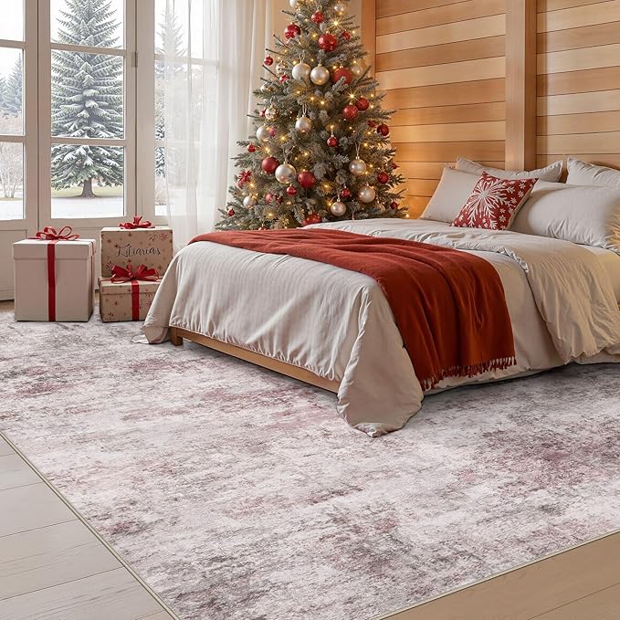 7x9 Area Rug Living Room Rugs - Washable Neutral Modern Abstract Soft Thin Large Rug Indoor Floor No Slip Rug Carpet for Bedroom Under Dining Table Home Office Decor - Pink