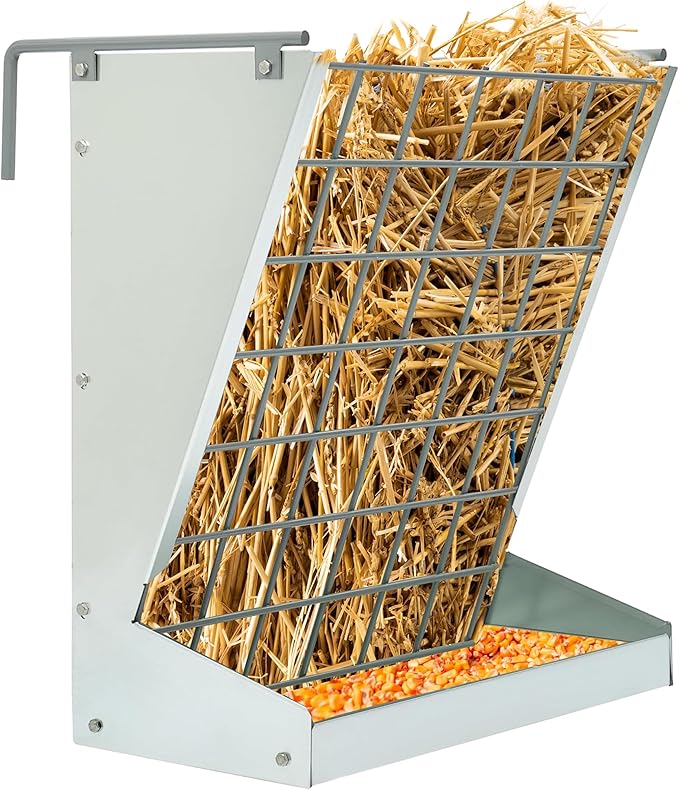 KUAFU Hay Feeder 2 in 1 Hay Rack Wall Mount Goat Feeders，Heavy Duty Galvanized Steel Hanging Feeders for Farm Livestock Small Goat & Sheep Grain Indoor Outdoor Uses