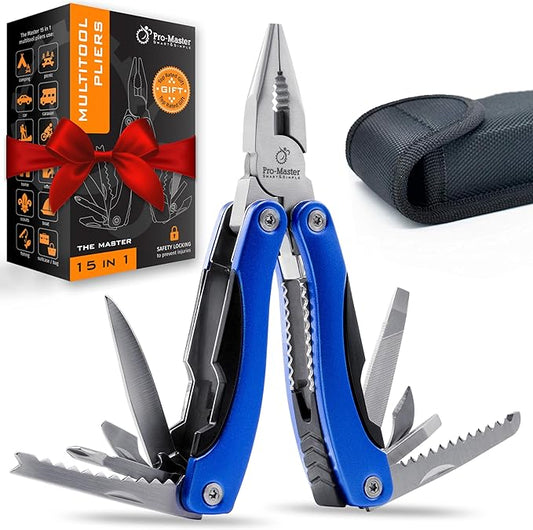Practical Christmas Stocking Stuffer for Men, Dad, Husband | 15-in-1 Multitool Pocket Knife & Pliers | Compact EDC Camping, Hiking & Survival Gift. Essential Tool Kit for Him with Safety Lock.