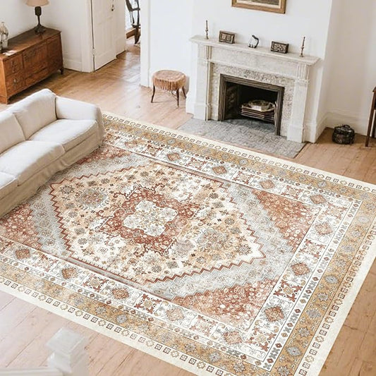 VEVOR 8 x 10 ft Area Rug Large Washable Rug Non-Slip and Tear-Resistant Soft Carpet Pet & Child Friendly Vintage Area Rugs Indoor Mat for Bedroom Living Room Kids Room Office Brown Red