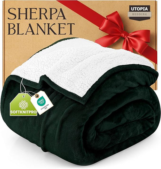 Utopia Bedding Sherpa Blanket California King Size (Forest Green, 102x96 Inches) - Soft Lightweight Plush Fleece Reversible Blanket for Bed, Sofa, Couch, Camping and Travel