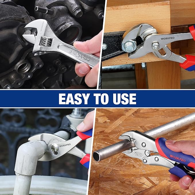 WORKPRO Pliers Set 4-piece Locking Plier Slip-joint Plier Groove Joint Pliers and Adjustable Wrench Home Maintenance Tool Kit
