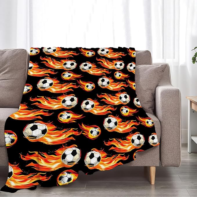 Soccer Blanket Gifts for Boys Girls Soft Warm Plush Soccer Fire Throw Blanket Flannel Fleece Fuzzy Sports Blanket for Kids Lovers Bed Couch Living Room Decor 80"X60"