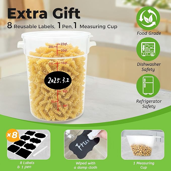 4 Pack Round Food Storage Containers with Lids, 22Qt Large Translucent Food Container, Polypropylene, BPA Free, Includes Labels & Measuring Cups