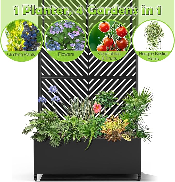 15.7"×70.9"×35.4" Metal Raised Garden Bed with Trellis and Wheels - Tall Trellis Planter Box for Climbing Plants, Vegetables & Vines - Outdoor Privacy Planters for Patio (Black-Parallel)