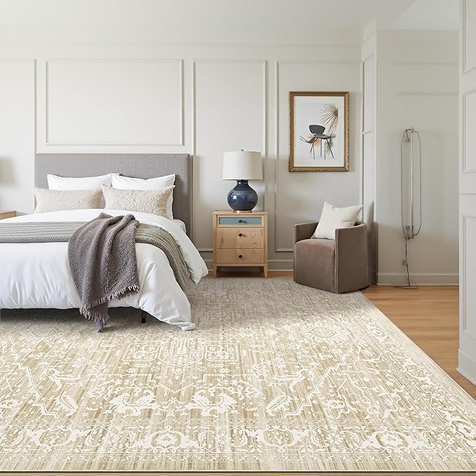 Rugland 8x10 Area Rugs - Stain Resistant Washable Rug, Anti Slip Rugs for Living Room, Vintage Tribal Area Rugs(Medallion 01-Beige, 8'x10')
