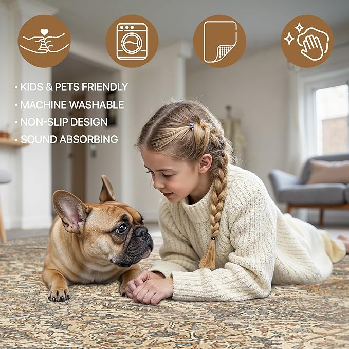 GENIMO 8x10 Area Rugs for Living Room, Machine Washable Non Slip Vintage Rugs, Low Pile Lightweight Chenille Print Rug for Bedroom, Dining Room, Home Office, Beige Khaki