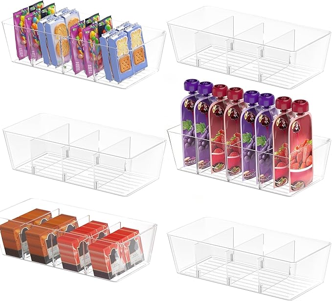 BALEINE Pantry Organizers and Storage Bins, Plastic Clear Storage Bins with 3 Removable Dividers, BPA-Free Fridge Organizers for Kitchen Cabinet Bathroom (10.5x6.1x3.5, 6PK)