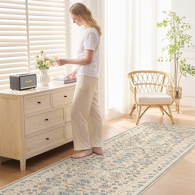 3x12 Runner Rug for Hallways Kitchen: 3x12 Washable Area Rug Boho Floral Soft Long Rug - Non-Slip Low Pile Throw Indoor Carpet for Entryway Kitchen Bedroom Laundry Bathroom- Multi Color