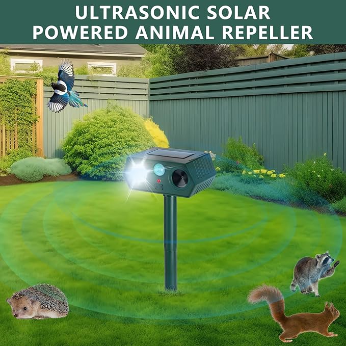 2Pack 2025 Ultrasonic Animal Repellent Outdoor Deer Repellent Devices Solar Animal Repeller Motion Activated Deterrent to Scare Cat Squirrel Rabbit Raccoon Skunk with LED Flash Lights for Yard Lawn