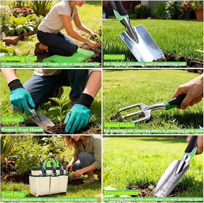 8-Piece Heavy-Duty Gardening Tools Set with Tote Bag - Rust-Proof Aluminum Gardening Hand Tools with Ergonomic Non-Slip Rubber Grips - Gardening Supplies Set Ideal Gift for Men & Women