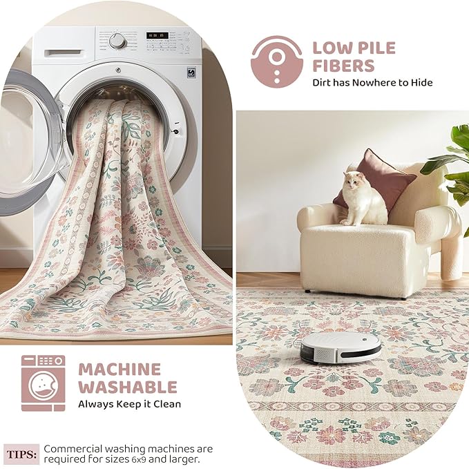 3x5 Area Rug Living Room Rugs - Washable Boho Vintage Floral Large Soft Non Slip Thin Rug Low Pile Carpet for Bedroom Dining Room Kids Playroom Office Decor Indoor- Pink