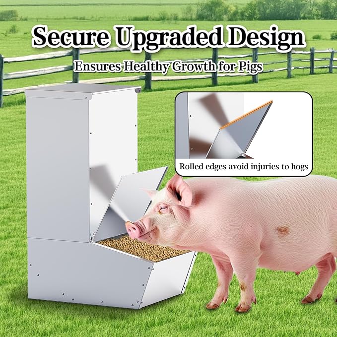 Hog Feeder, 2.5 Bushels Capacity, Heavy Duty Galvanized Steel Single Door Pig Feeder, Moisture Proof Piglet Creep Feeder, All Nuts Pre-Installed, Silver