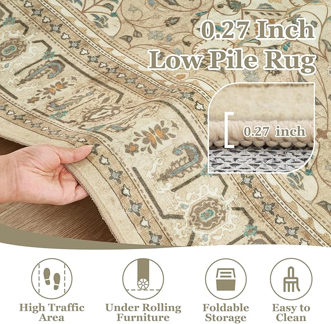 Warm Beige Small 2x3 Rug, Boho Floral Moroccan Printed Door Rugs for Entryway Indoor, Washable Non Slip Low Pile Thin Soft Door Mat Indoor Entrance for Kitchen Bathroom Laundry Room Bedside