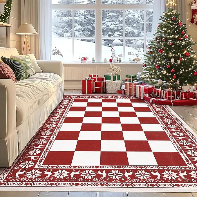 GarveeHome Red 5x7 Area Rugs for Living Room, Washable Rug for Christmas Decor, Indoor Non Slip Carpet, Checkered Soft Low Pile Christmas Rug for Bedroom, Dining Room